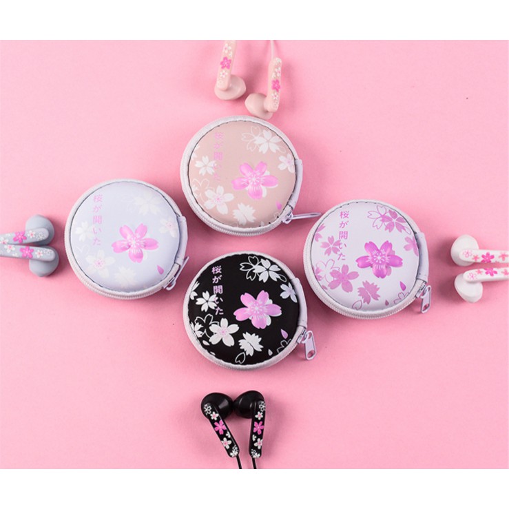 [E-183] Headset Earphone Motif SAKURA Dompet Bulat / Wadah Earphone Bulat Motif Sakura Elegan Simple