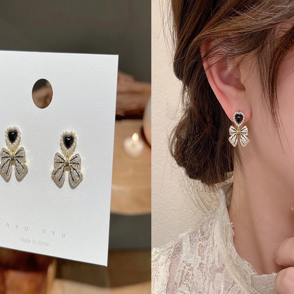 Anting Tusuk Gantung Desain Pita Hias Berlian Gaya Koreakeren Untuk Wanita