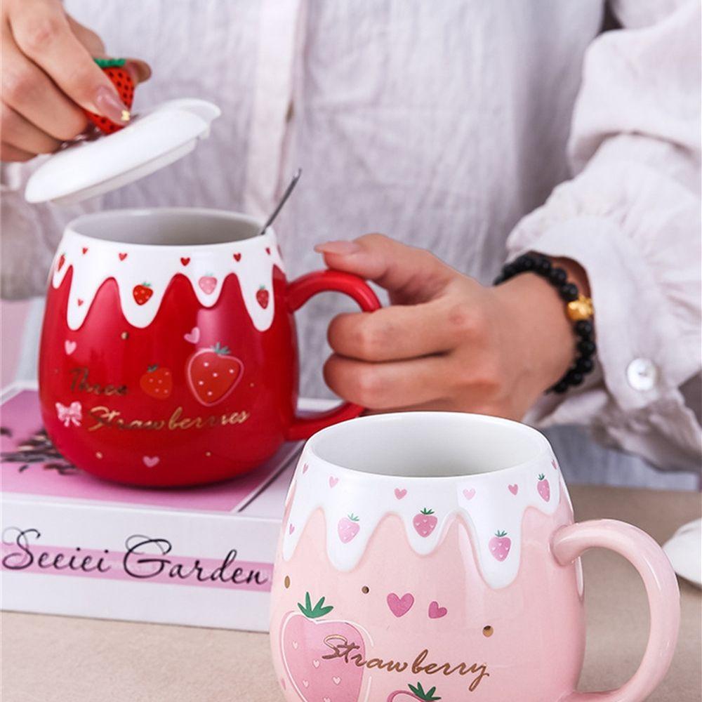 Solighter Strawberry Coffee Mug Sendok Porcelain Tempat Minum Keramik Lucu