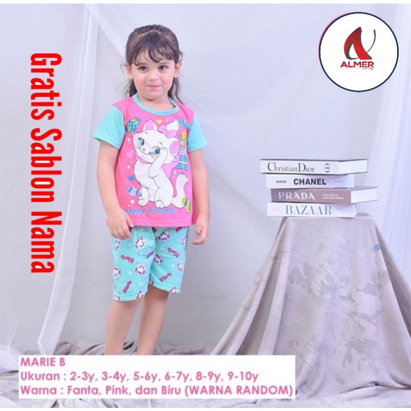 Baju marie cat lengan pendek kaos Setelan Anak Perempuan Usua 2 th -10 th MARIE CAT Gratis Sablon Na