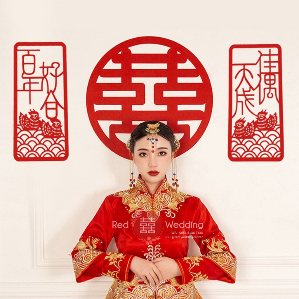 Sepasang Sticker Wedding Shuang Xi Merah dengan Motif Goose uk. 22x50cm Tempelan Dinding/Lemari/Pintu