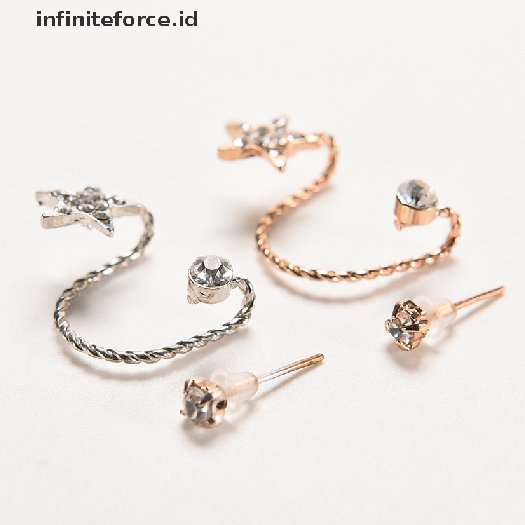 Infiniteforce.id Anting Klip Jepit Wanita Desain Pentagram Hias Kristal Berkilau