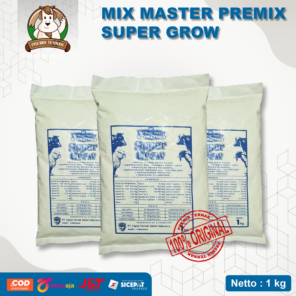 PREMIX SAPI SUPER GROW 1 KG - PREMIX MINERAL VITAMIN Kambing Perah &amp; Sapi Perah Komplit I MIX MASTER SUPER GROW 1 KG