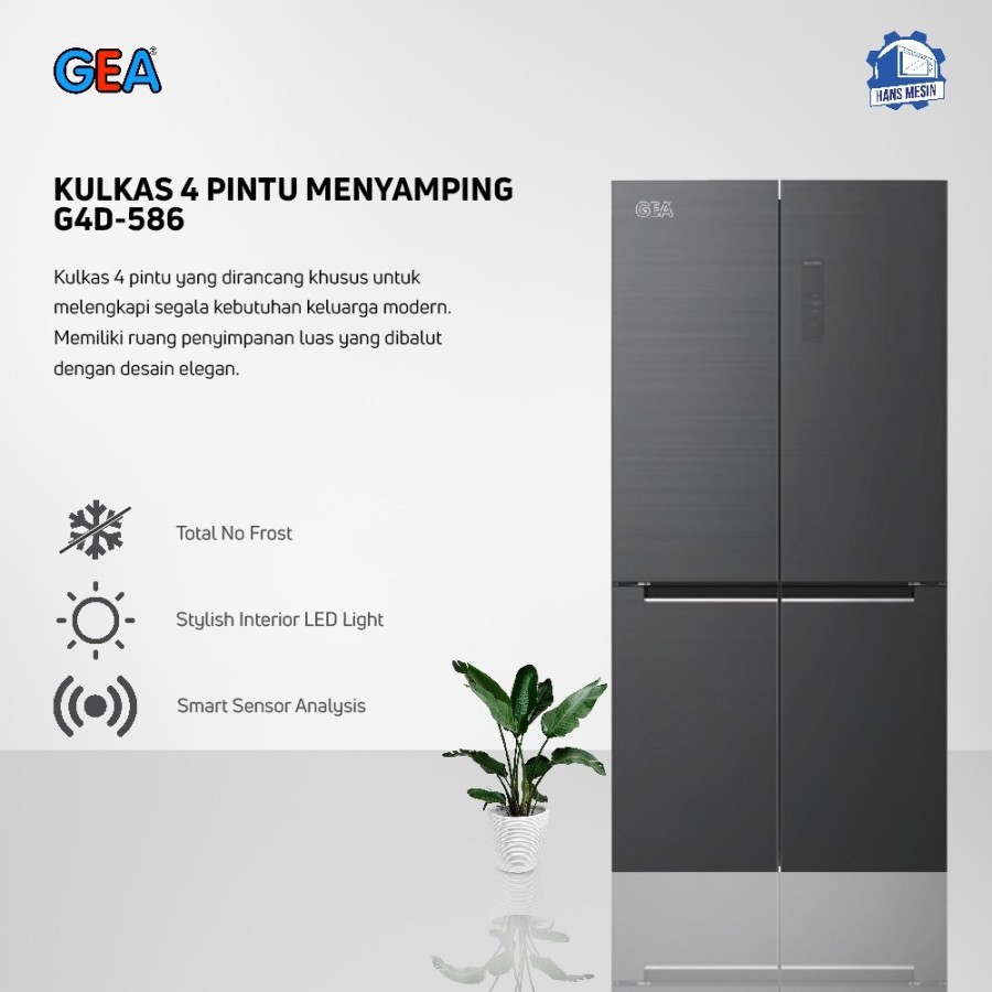 Lemari Es GEA G4D-586 Side By Side 568Liter / Kulkas 4 Pintu GEA G4D586 / Black Glass / Black Inox