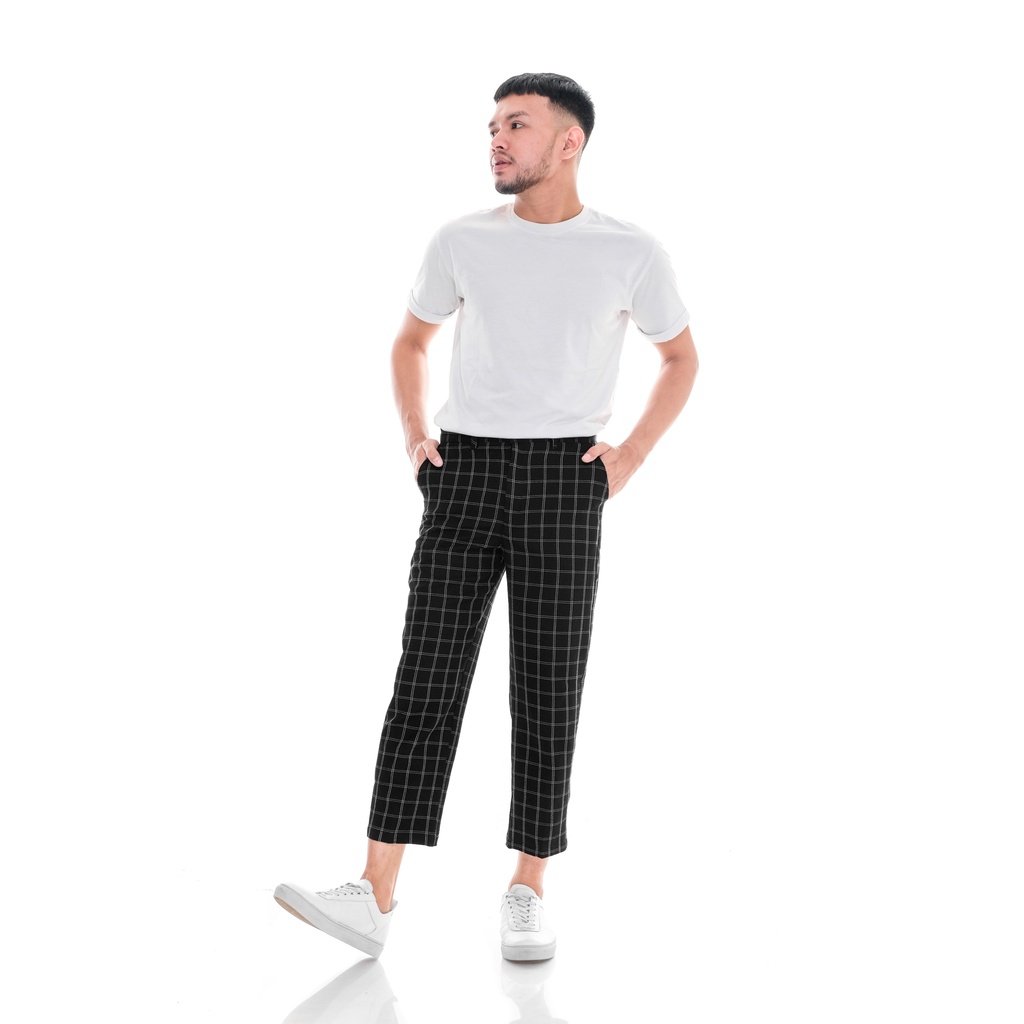 Celana Sirwal Pria Dewasa Model Tartan Angkel Pants Semi Wool Hitam dan Abu