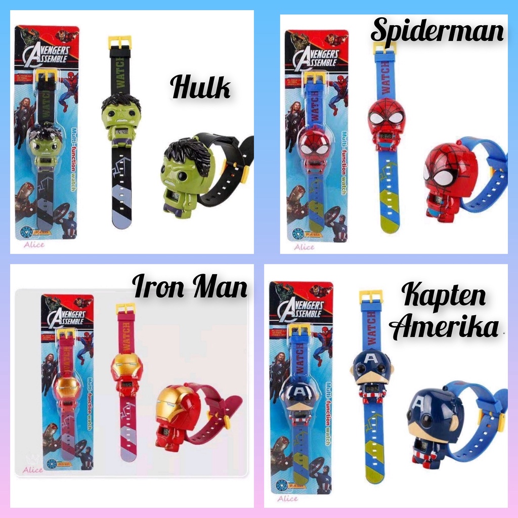 Jam Tangan Anak Super Hero/ Kartun Anak Laki-laki ( Kapten amerika, Spiderman, Hulk, Iron Man, Batman, Optimus Prime, Bumble Bee, Ultraman, Star Wars, Micke Mouse) DLL