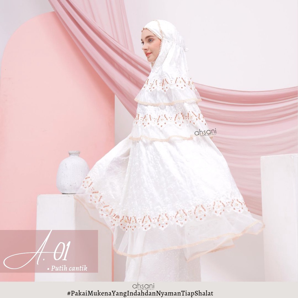 A.01 Mukena Ahsani Original Putih Renda 4 Layer Bahan Kain Sutra Ori Full Bordir Mewah Premium Berku