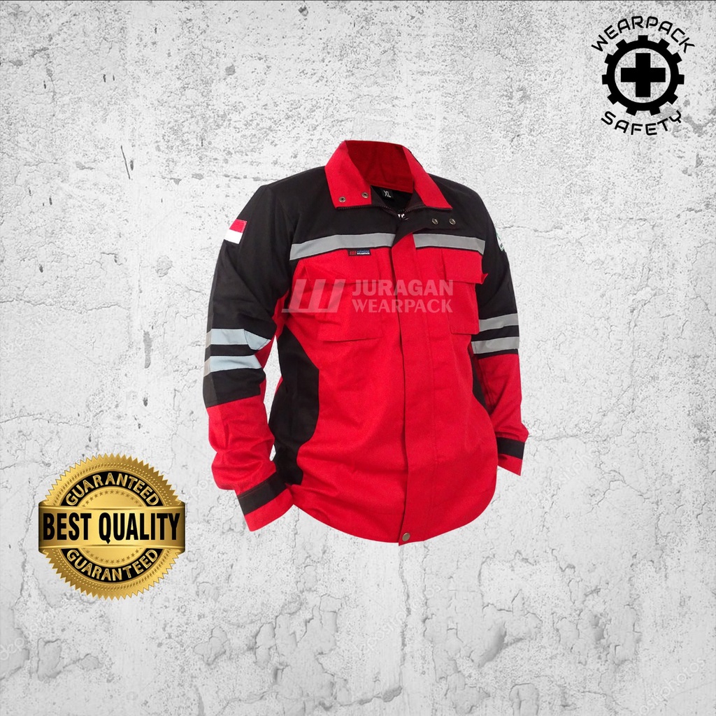 Wearpack Safety Semi Jaket / Baju Kerja Lengan Panjang Warna Merah Kombinasi Hitam