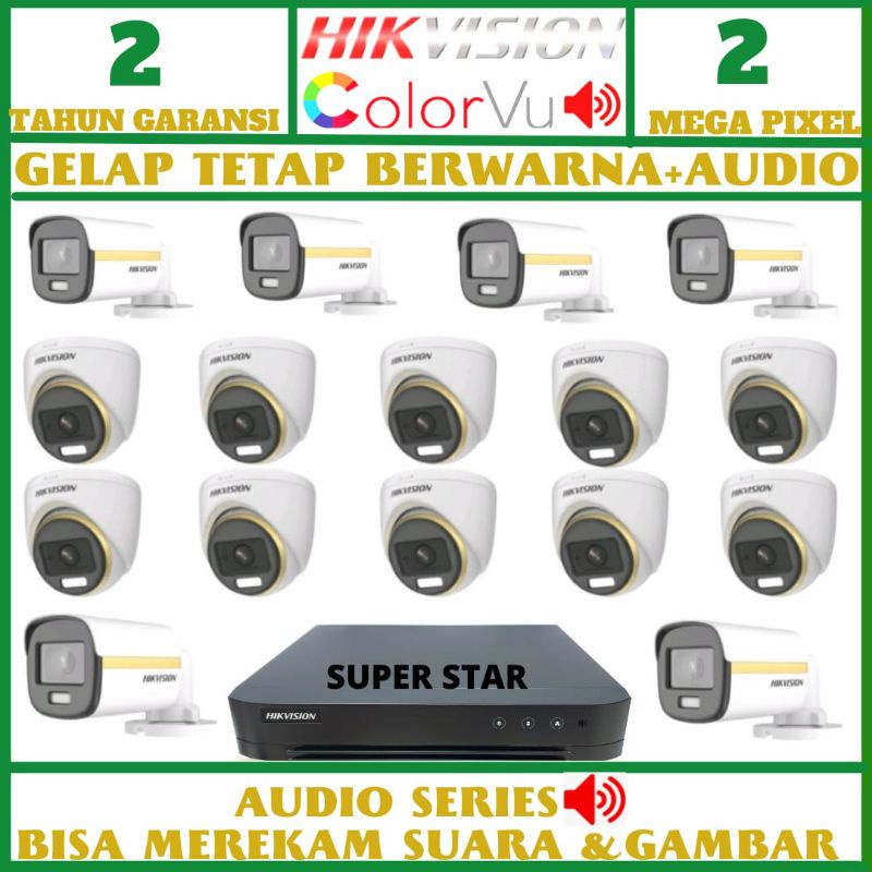 PAKET CCTV COLORVU HIKVISION 16 CHANNEL 16 KAMERA 2MP AUDIO SIANG MALAM BERWARNA