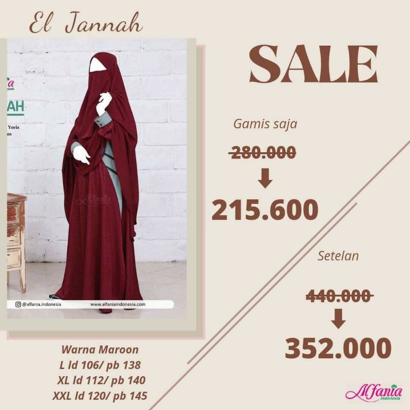 SALE STOK  Stelan Set / Gamis Khimar El Jannah Alfania Indonesia Promo Murah Ramadhan