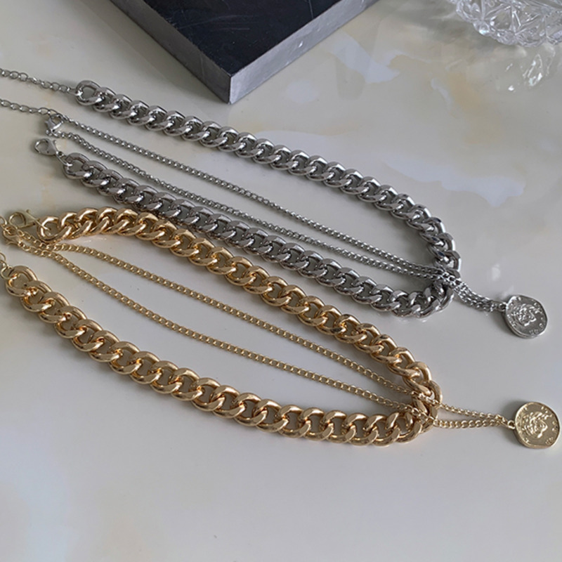 Metal Double Chain Necklace Accessories Human Head Coin Pendant Clavicle Chain Hip Hop