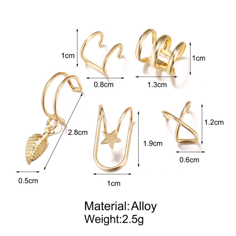 Mxbeauty Manset Telinga Wanita Fashion 5Pcs/Set Emas Daun Klip On Anting Tulang Rawan