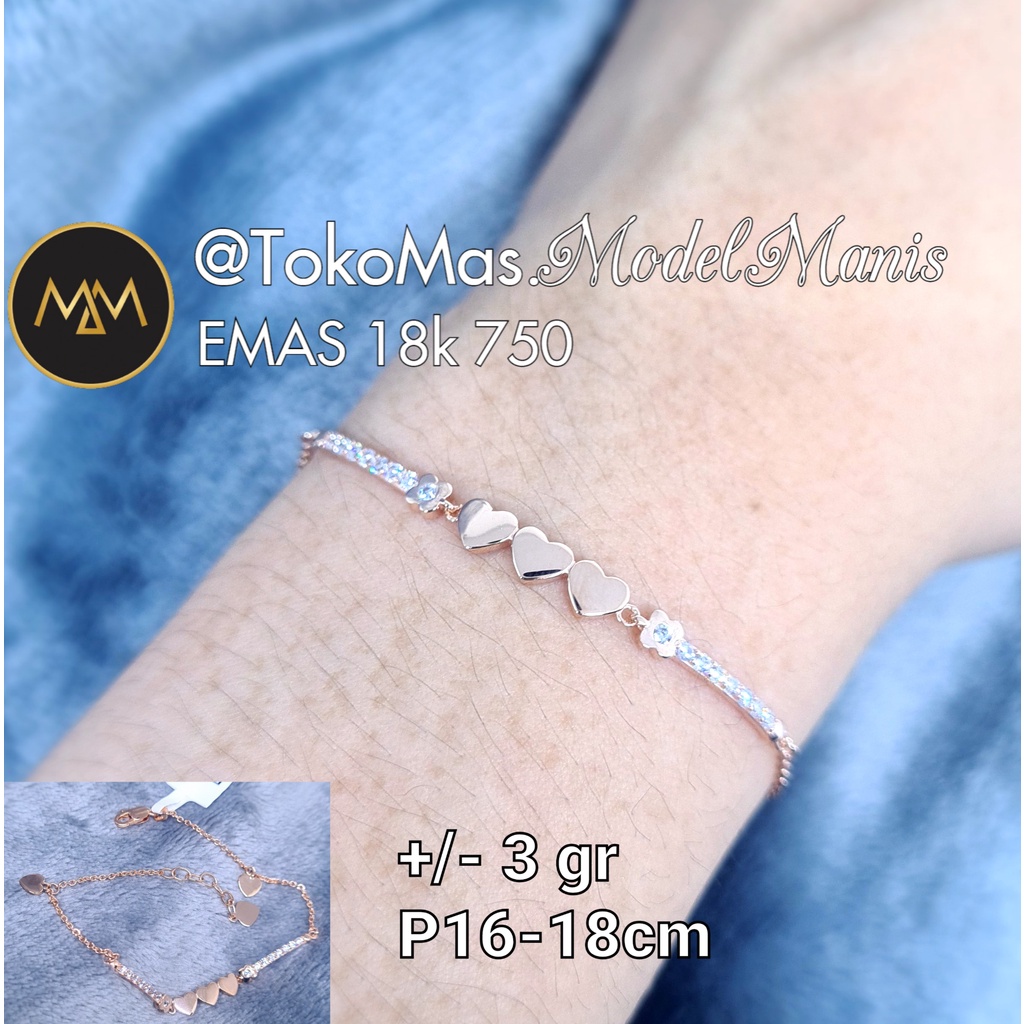 Gelang Nori Plat love bunga emas putih rosegold 750 kadar 18k