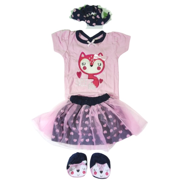 Baju Bayi Perempuan 0 3 6 9 12 Bulan Setelan Jumper Set Rok Bandana Bayi Lucu FOx Smile