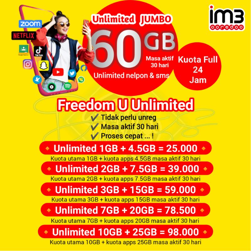 Paket Data Freedom U Unlimited Jumbo 60gb 24 jam Reguler Menambah Masa Aktif Kartu Satu Bulan
