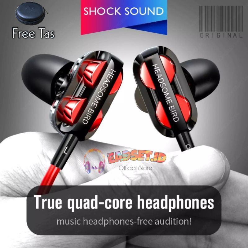Headseat 4D Bass Double Speaker Stereo 3.5MM Wired Head Phone Murah Dual Drive with Mic HD Waterproo