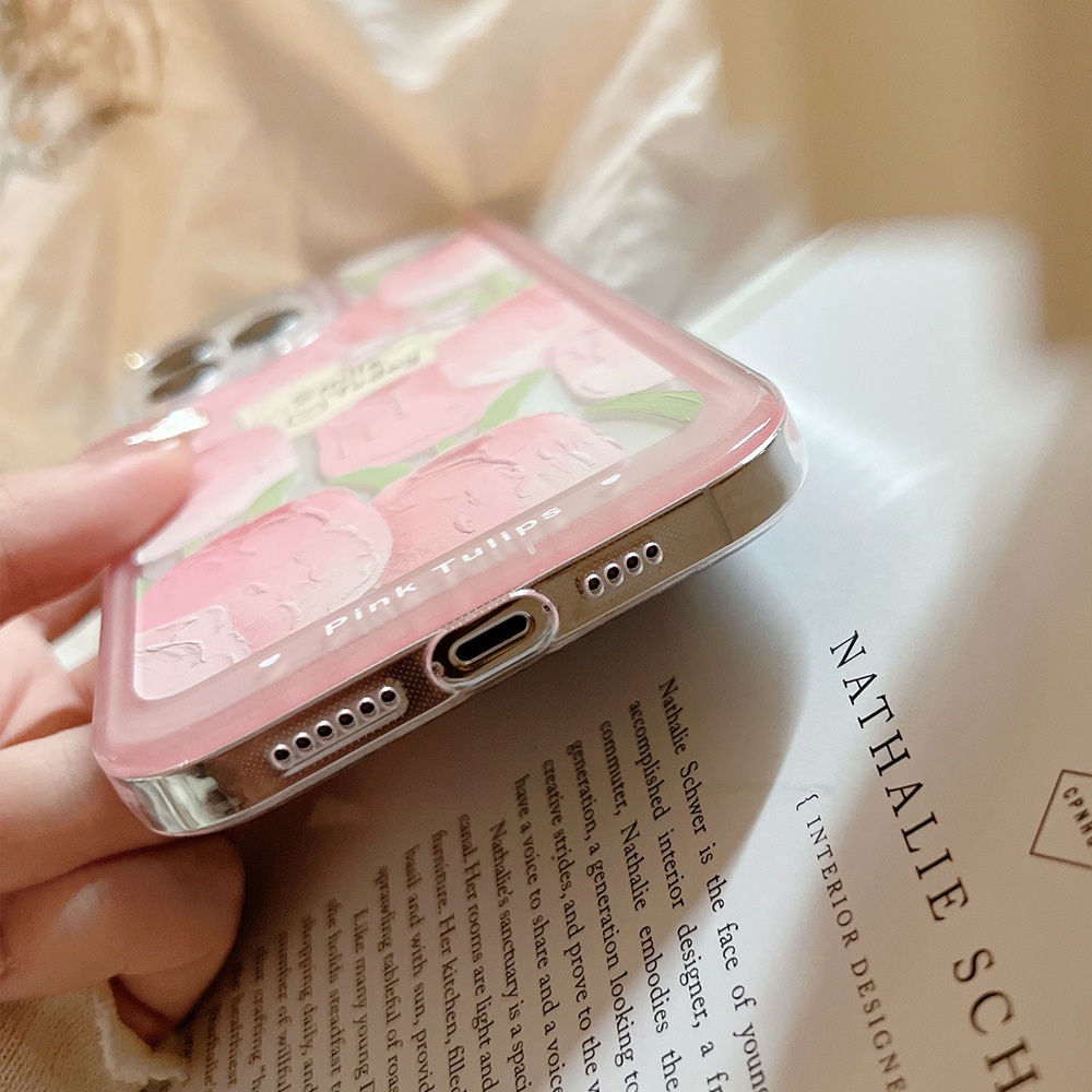 Case Pelindung Transparan Motif Bunga Tulip Pink Untuk Iphone 11 8 7 Plus SE2 XS XR 12 13 Mini PRO MAX