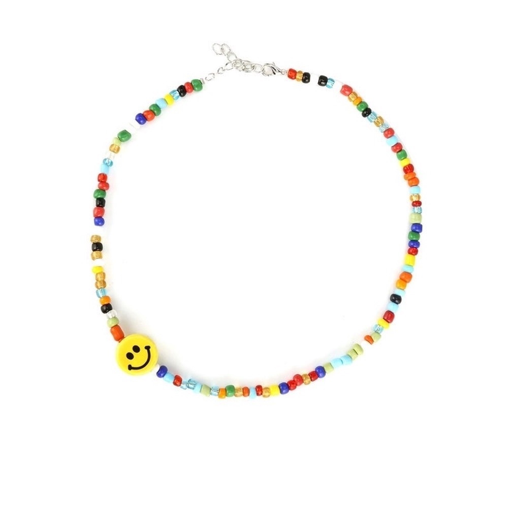 Women Ethnic Choker Necklace Girls Colorful Rice Beads Bohemian Necklace Smile Face Pendants