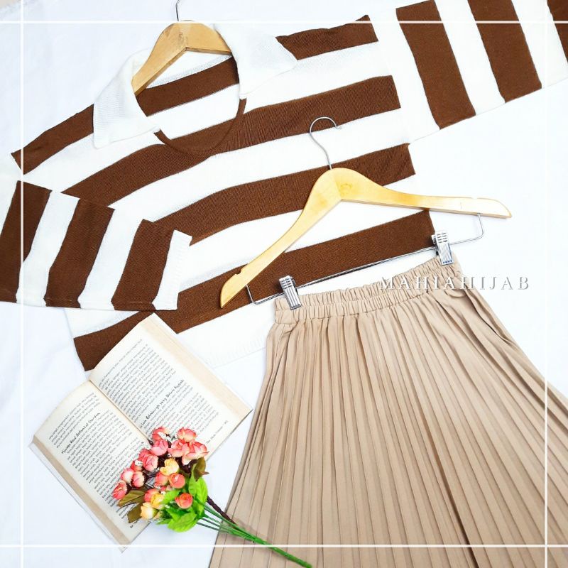 Jinni one set sweater rajut + rok plisket | outer fuji knit sweater crop | setelan wanita rajut premium