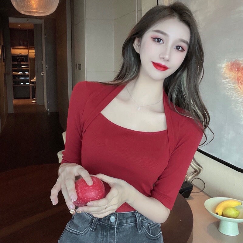 H7 T5/16 Blouse korean square neck / Atasan Tshirt kaos 3/4 (S-2XL)