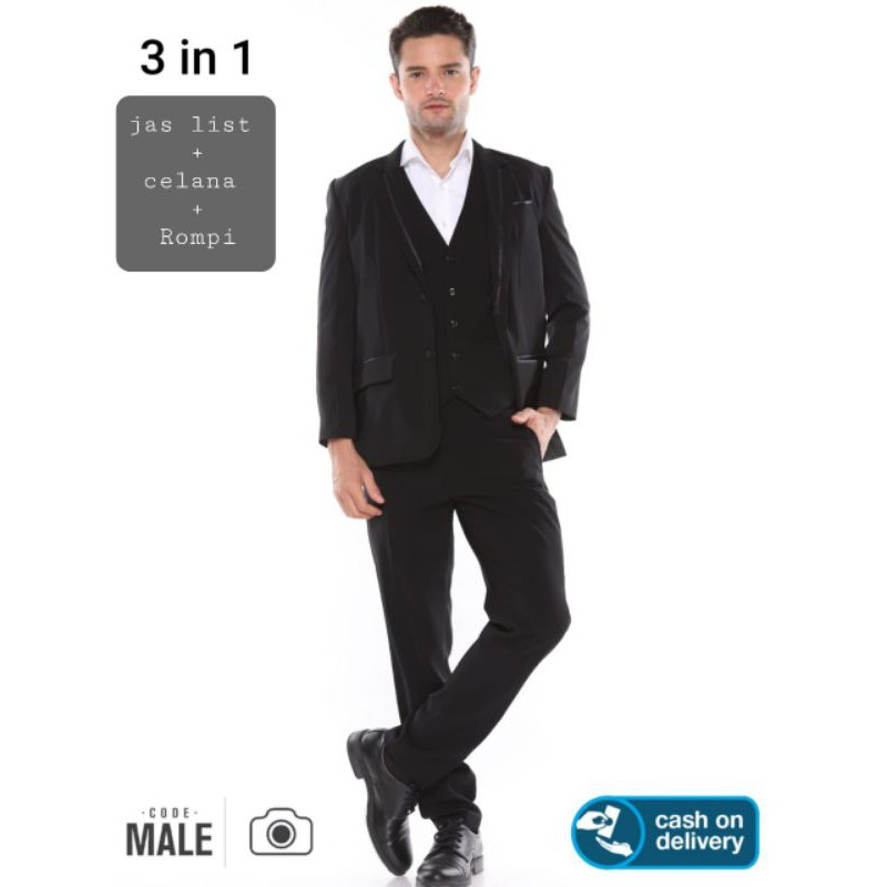 Code Male 3In1 Kombo Produk Jas Kerah List Kancing2, Celana Pria, Vest/Rompi Pria Hitam