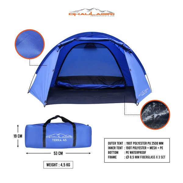 Tenda TERRA 45 Dhaulagiri kapasitas 4 orang tenda double layer praktis original