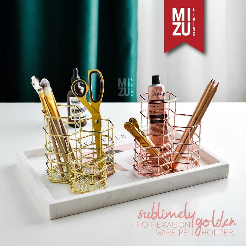 SUBLIMELY GOLDEN TRIO HEXAGON Wire Pen Holder Pencil Stationery Tempat Pensil Alat Tulis Emas