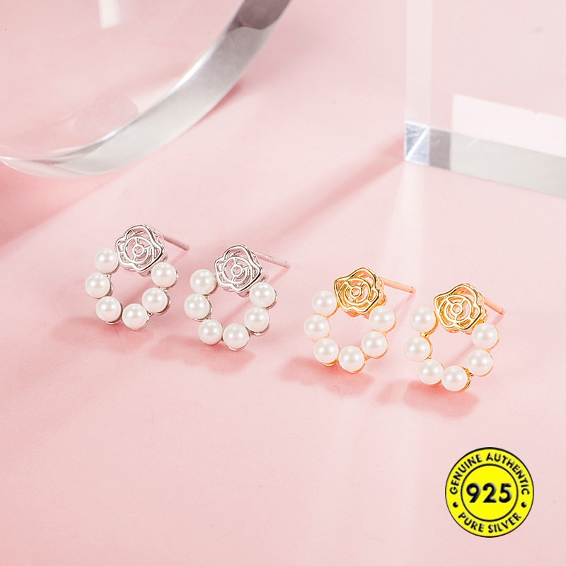 Anting Tusuk Sterling Silver 925 Model Bunga Mawar Dengan Mutiara Untuk Wanita U929