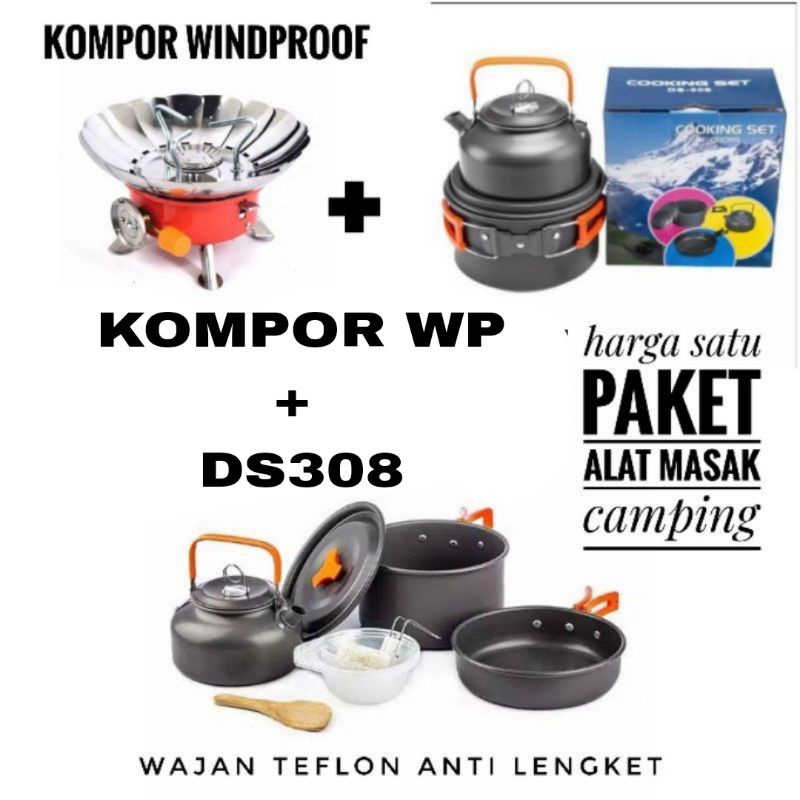 Paket Cooking set teko DS 308 + Kompor Windproof kemping Nesting camping cooking set ds 308