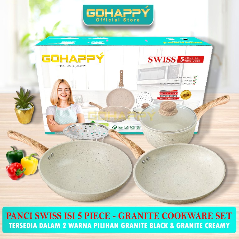 GOHAPPY Panci Swiss granite stone isi 5 piece | Premium cookware set | GHS05