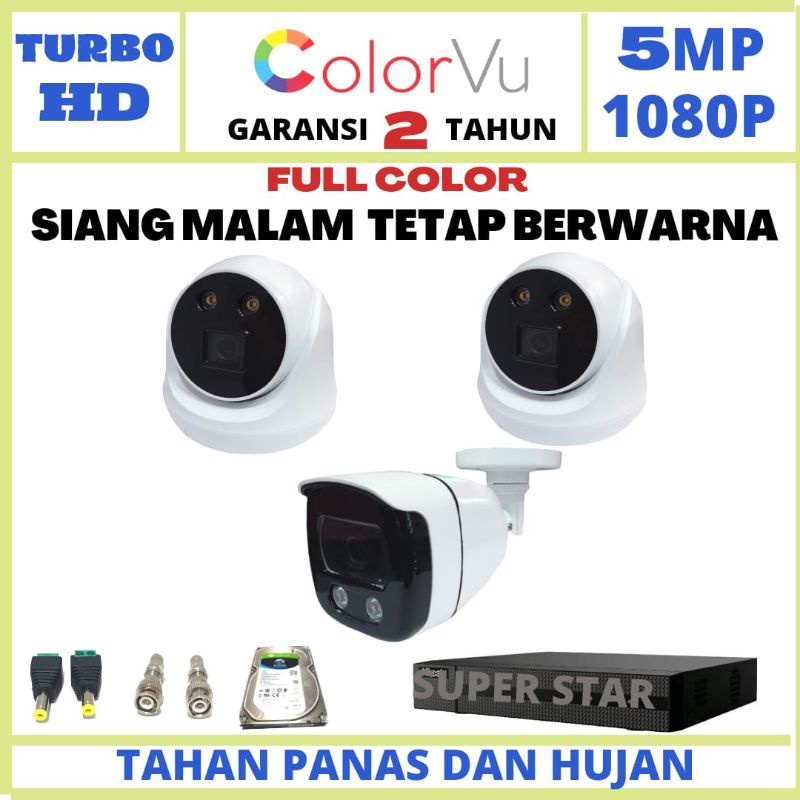 PAKET CCTV COLOR VU 4 CHANNEL 3 KAMERA LENSA 5MP 1080P IR SONY GELAP TETAP BERWARNA