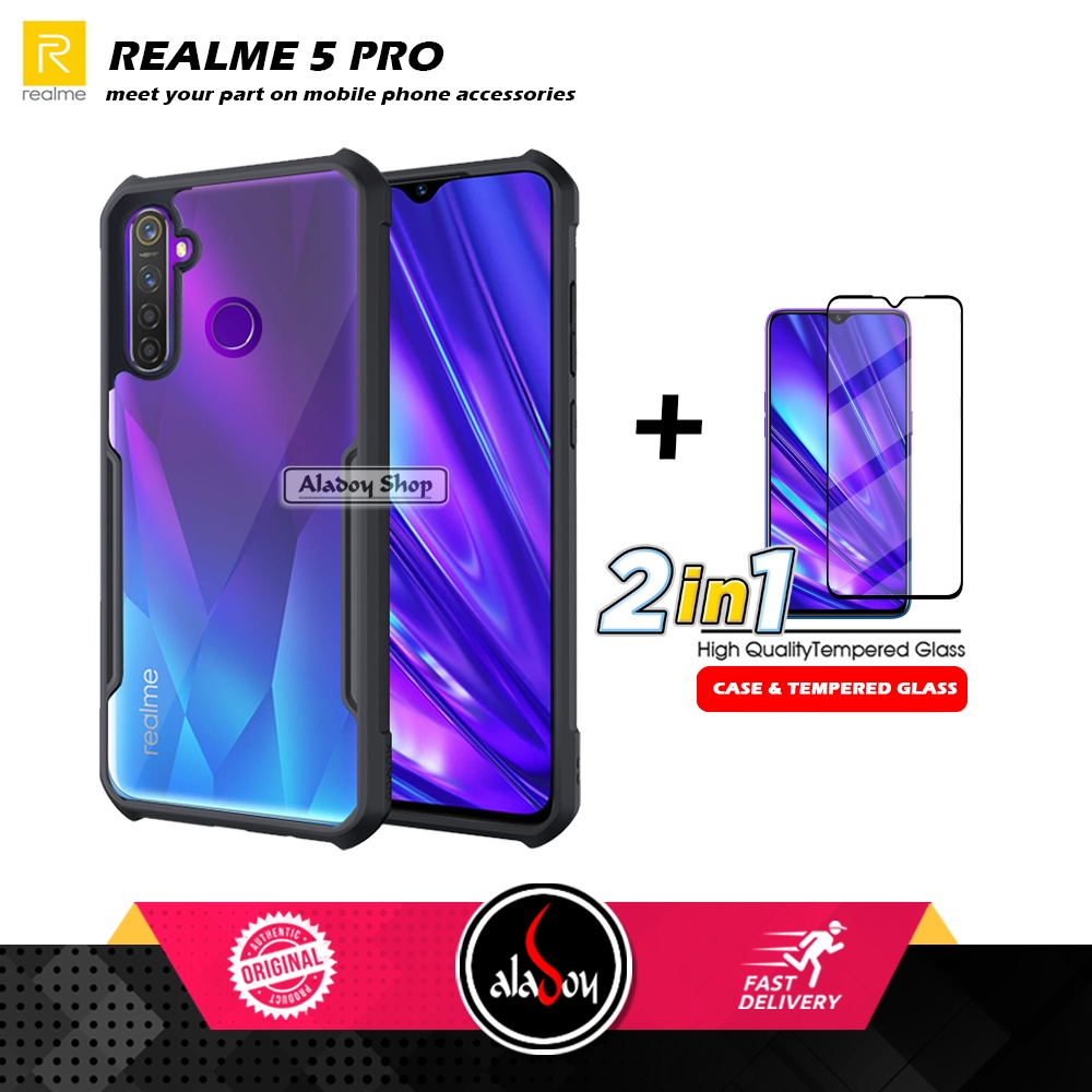 PAKET 2 IN 1 Case Realme 5 Pro Armor Fusion Transparent Prmium Casing Free Tempered Glass