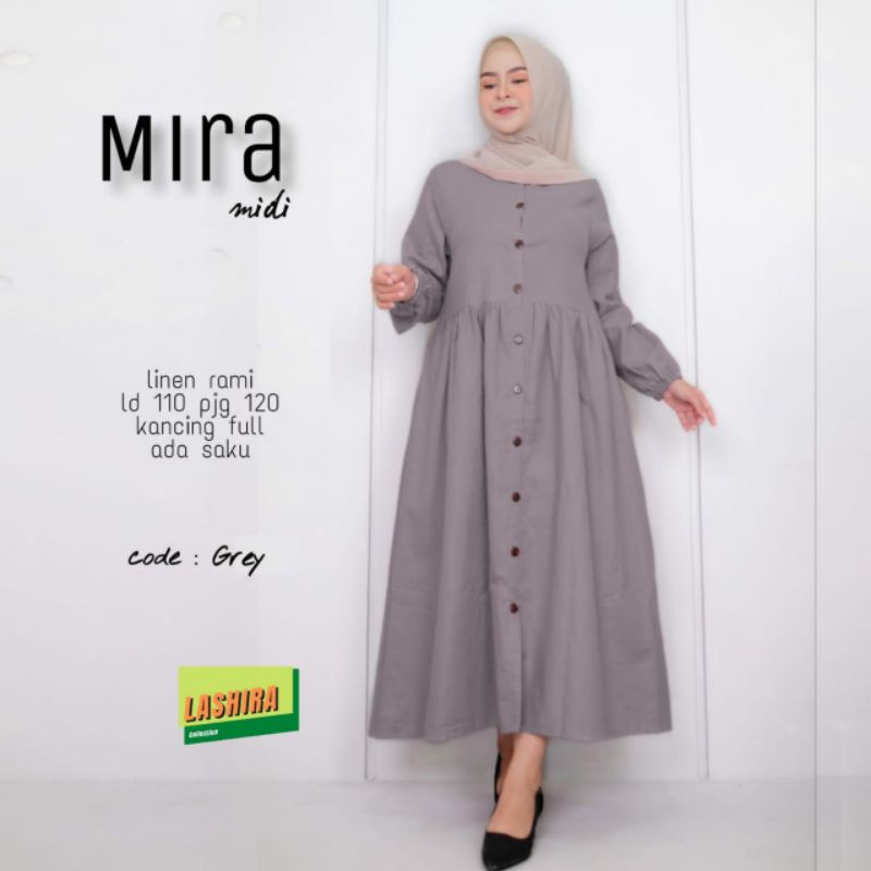 Mira midi dress katun linen polos full kancing ld 110 xl