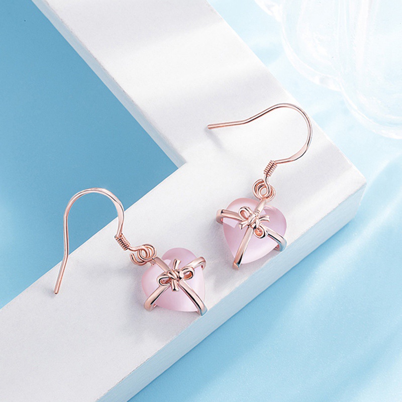 Fancyqube Fancycube Perhiasan Anting Gantung S925 Sterling Silver 100% Batu Kuarsa Alami Bentuk Hati Warna Pink Mawar