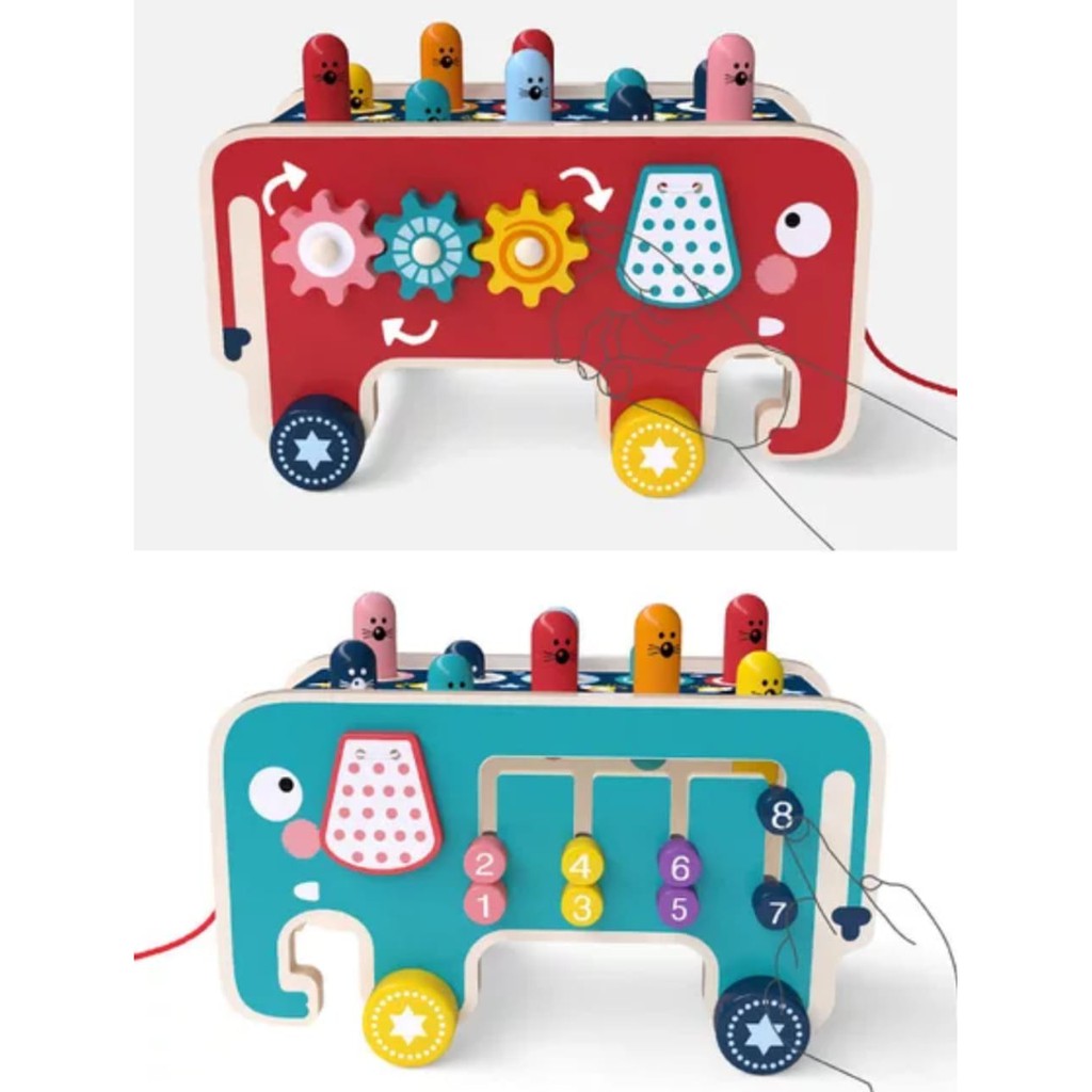 [BIG SALE] elephant hitting hamster wooden knock toys - pull push truck - mainan edukasi anak-Gear + Angka