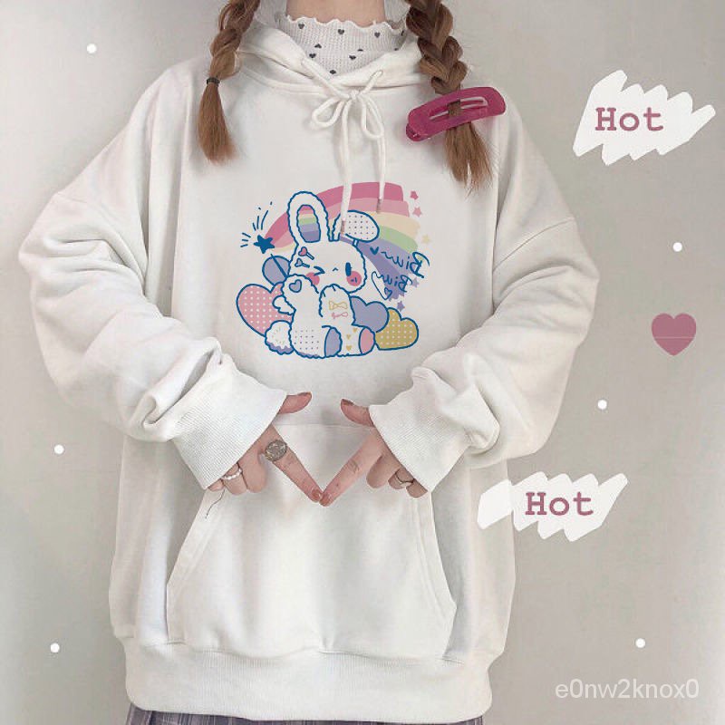 HOUZHOU Anime Hoodie Women Kawaii Cute Rabbit Print Pullovers Aesthetic Soft Girl Long Sleeve Oversi