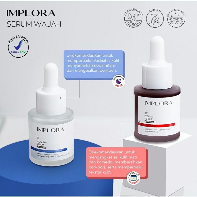 IMPLORA SERUM WAJAH ori bpom PEELING/ACNE/BRIGHTENING/MIDNIGHT/HYDRATING 20ml