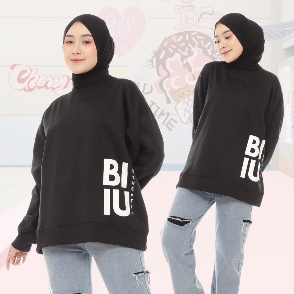 Biiu Sweater Wanita Oversize Crewneck Korean Black