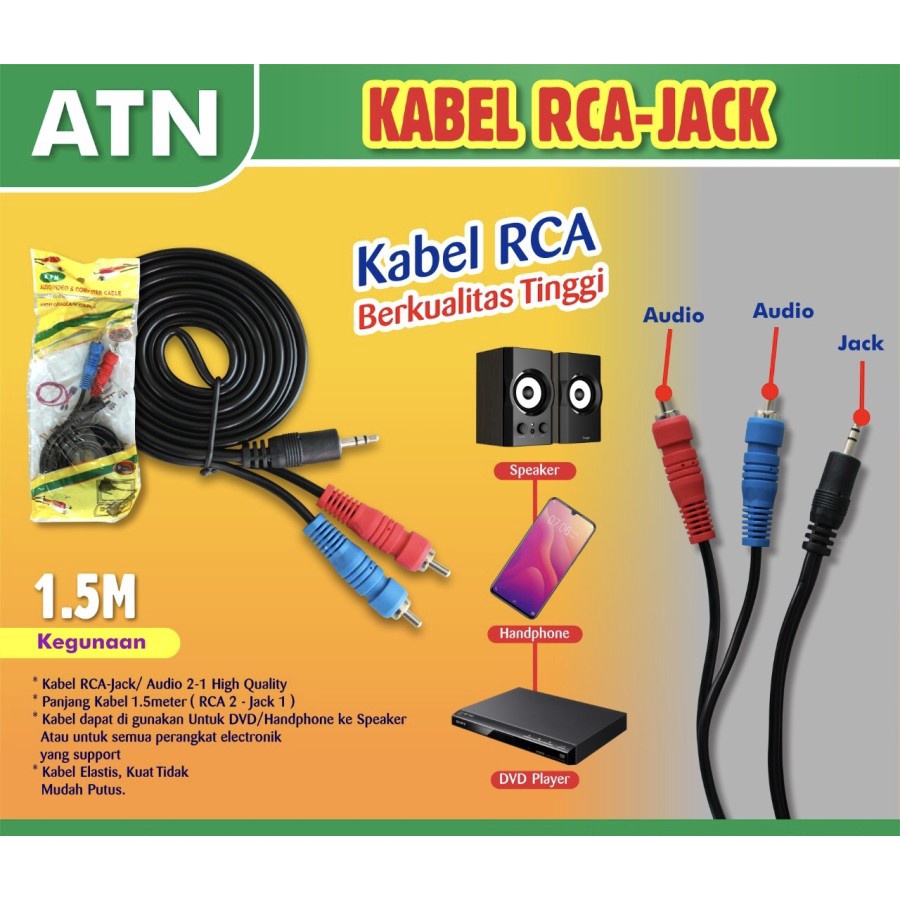 KABEL RCA AUDIO 2-1 2 KE 1 ATN 1,5 M METER PREMIUM QUALITY