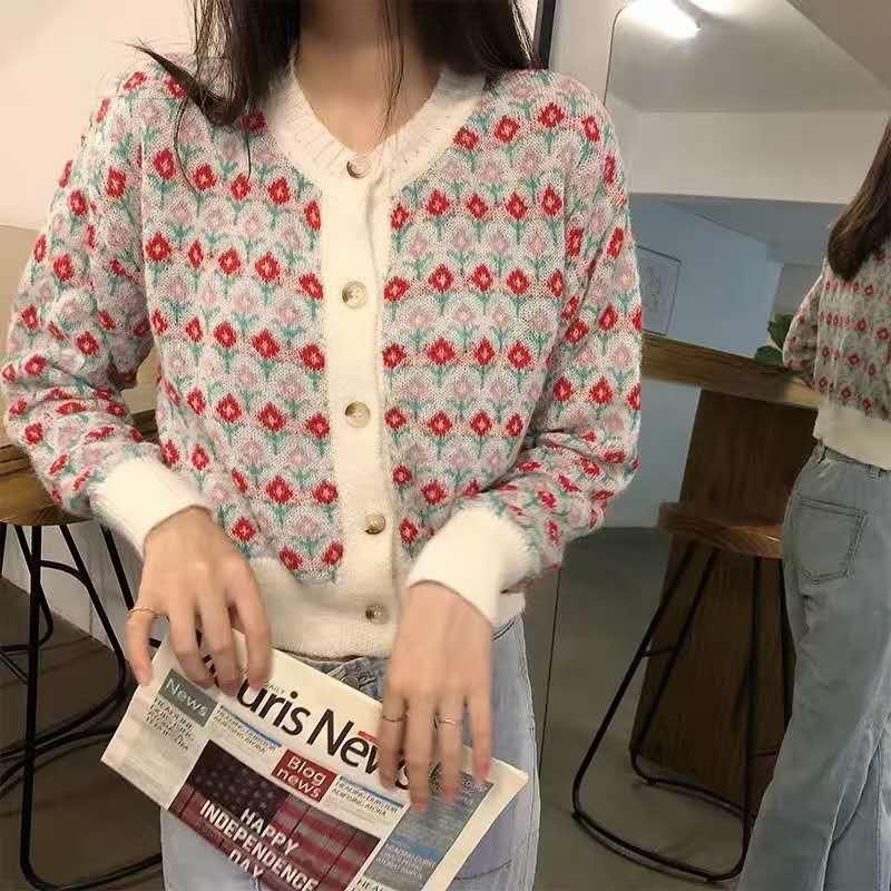 IMPORT WOMAN KNIT FLORAL CARDIGAN KOREAN STYLE KARDIGAN RAJUT WANITA KNITWEAR OUTER