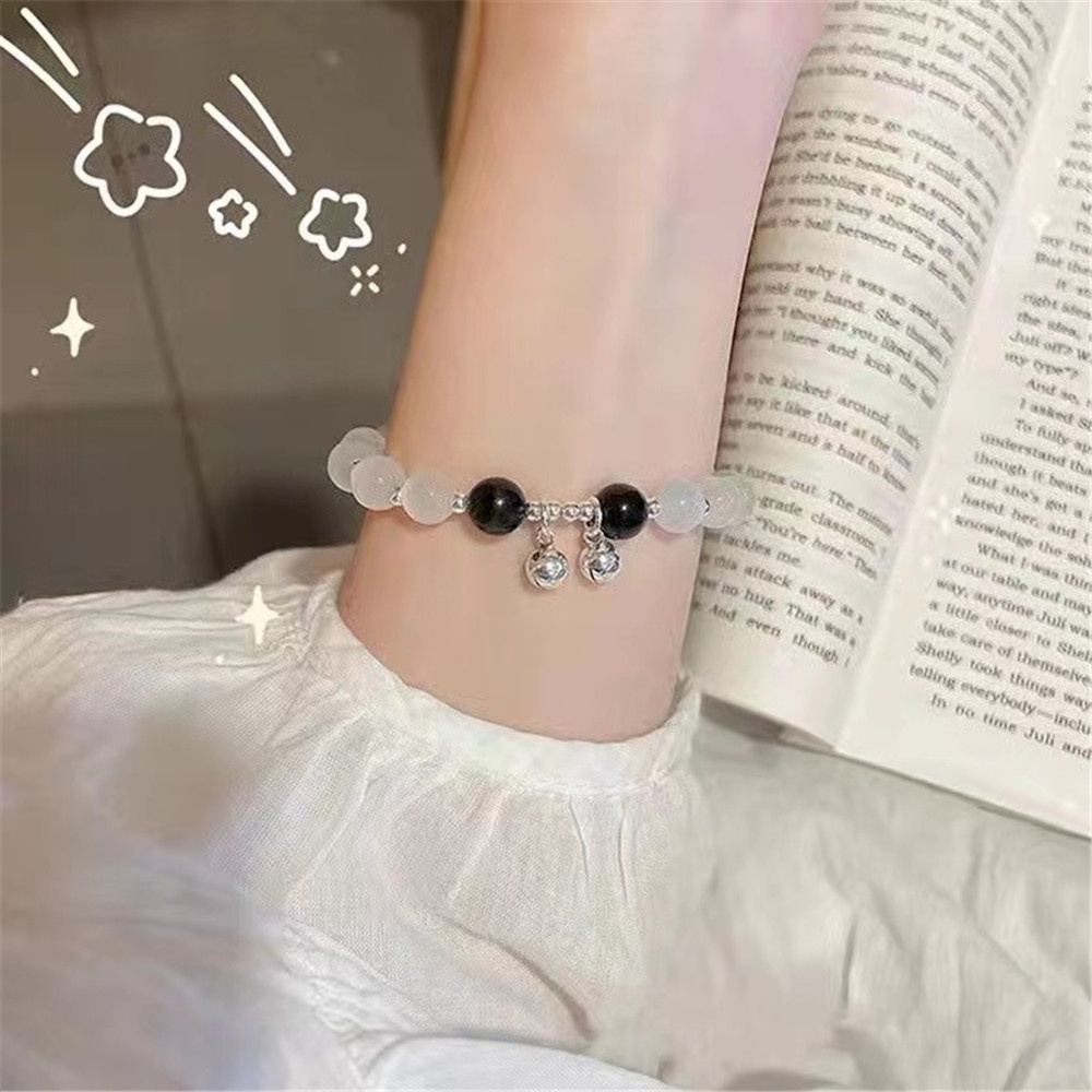 【COD Tangding】Gelang Tangan Wanita Desain Manik Batu Kristal Mata Kucing Imitasi Dengan Bel