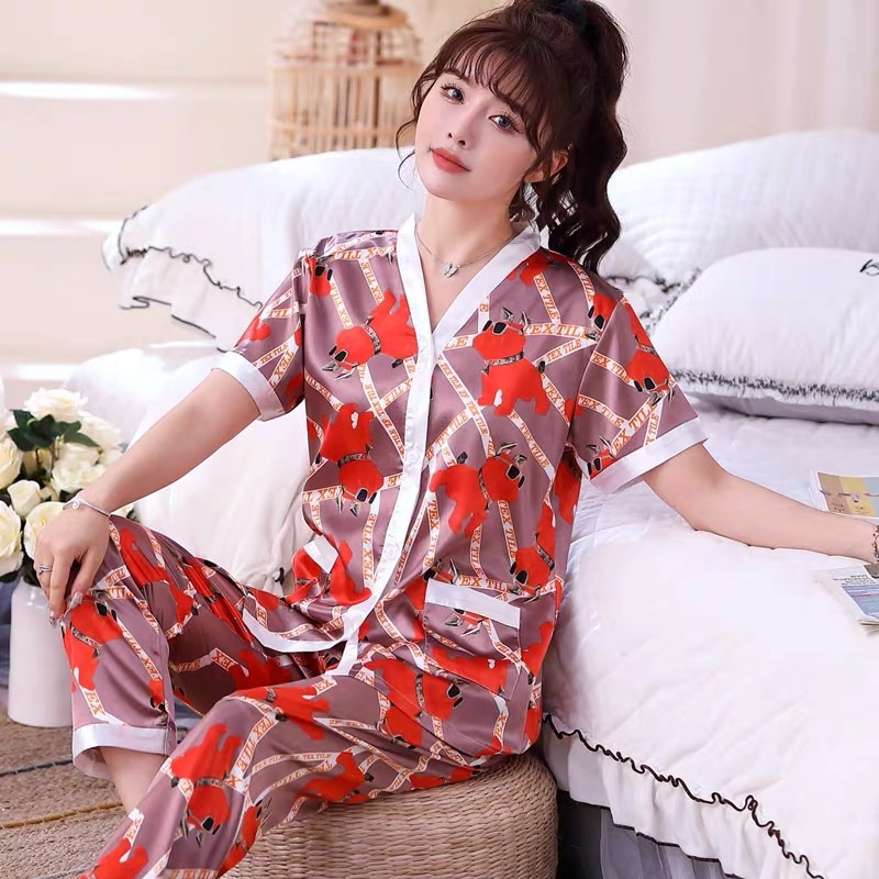 JC- Stelan V Satin Import CP / Piyama Satin Kancing Lerah V Import / piyama Korea Terbaru / Piyama Import Terbaru