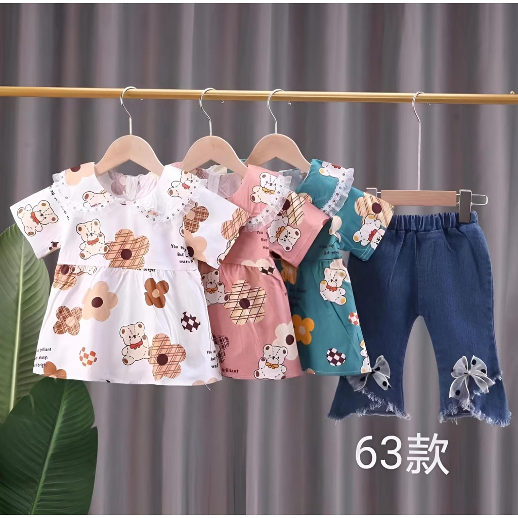 SETELAN JEANS IMPORT BAJU MOTIF BERUANG PAKAIAN ANAK PEREMPUAN USIA 1-4 TAHUN // SETELAN KATUN SHANG