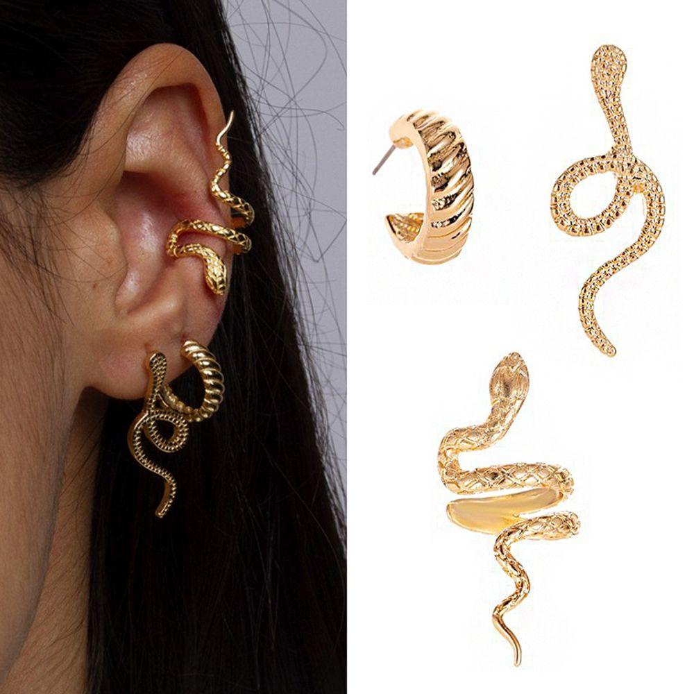 [Elegan] Anting Ular Kepribadian Geometri Sederhana French Snake Earing Clips Alloy Women Stud Earrings Anting Wanita Set