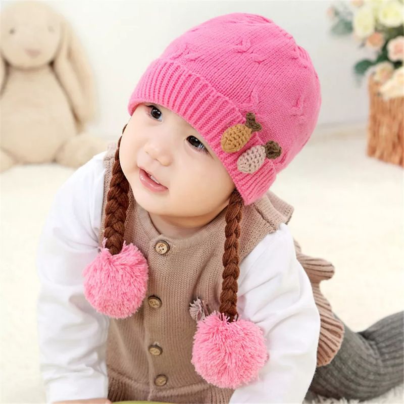 JF COLLECTION [Bordir Nama] Topi Kupluk Rajut Kepang Anak Bayi Perempuan Hiasan Nanas Rambut Kuncir-Pink Fanta
