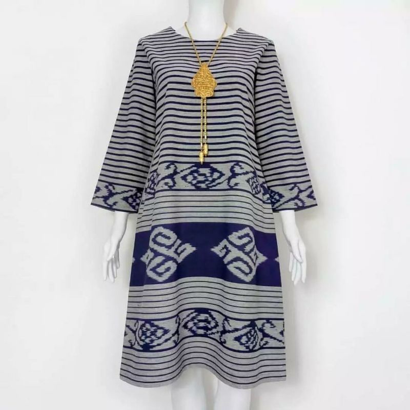 dress furing tricod serong tenun ikat jepara abu navy lurik etnik bajutenunjepara DTB134