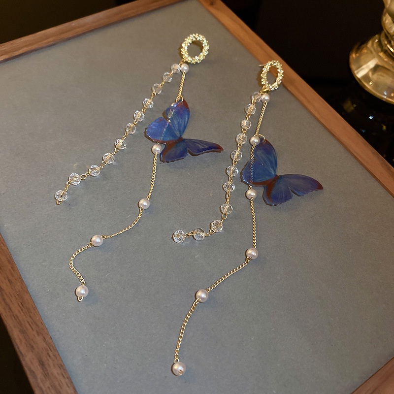 Anting Rumbai Bentuk Kupu-Kupu Aksen Mutiara Warna Biru Gaya Korea