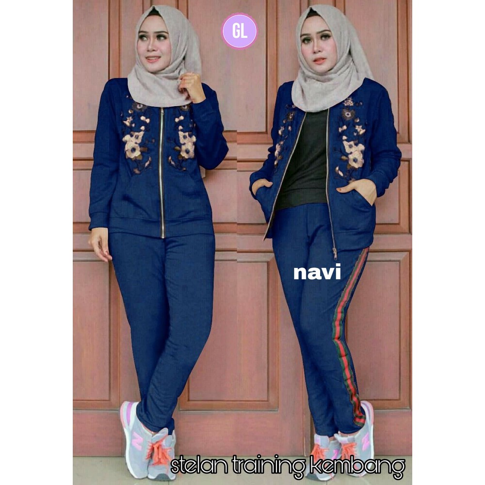 stelan training kembang | stelan olahraga wanita muslim | baju senam muslim Pakaian olahraga wanita
