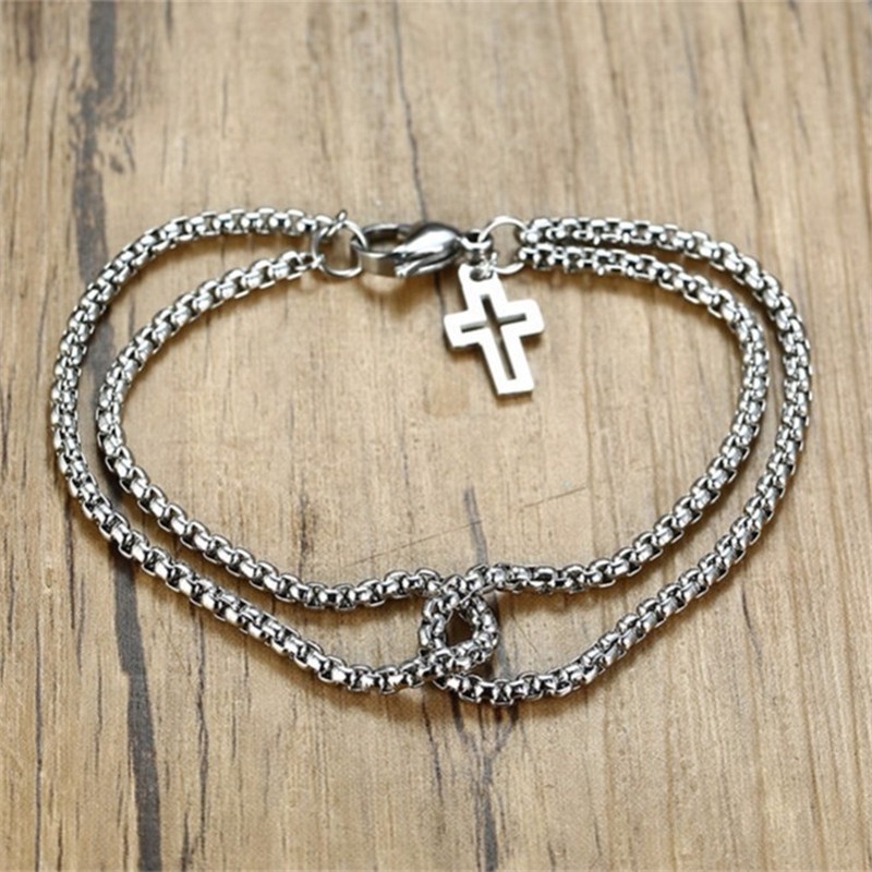 Gelang Rantai Ganda Desain Salib Hollow Untuk Pria