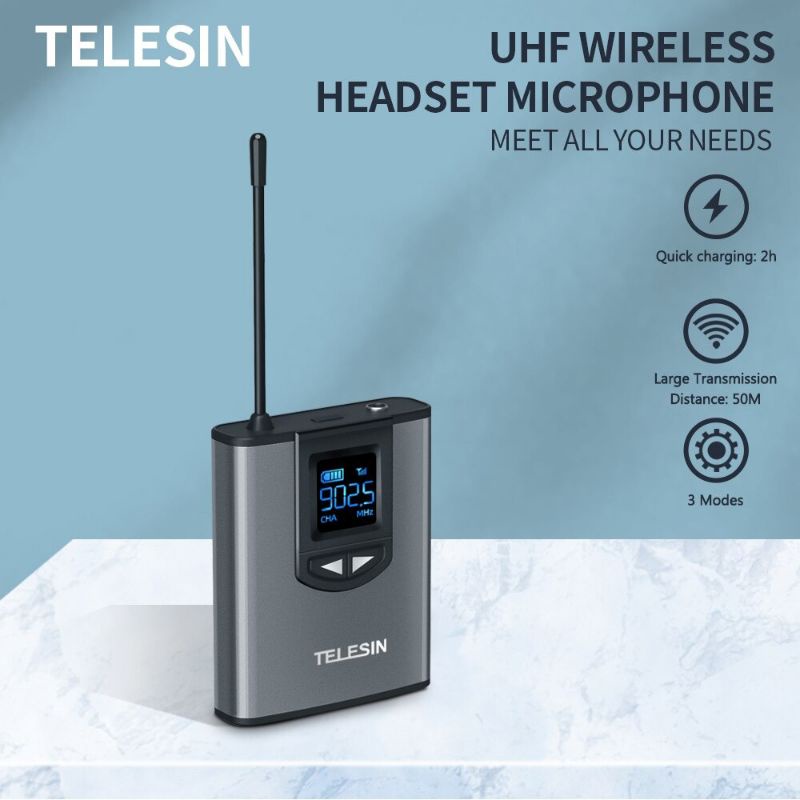 Telesin Headset UHF Wireless Tour Guide Microphone System 1 Receiver 1 Transmitter - MIC-UHF-02 - Gray